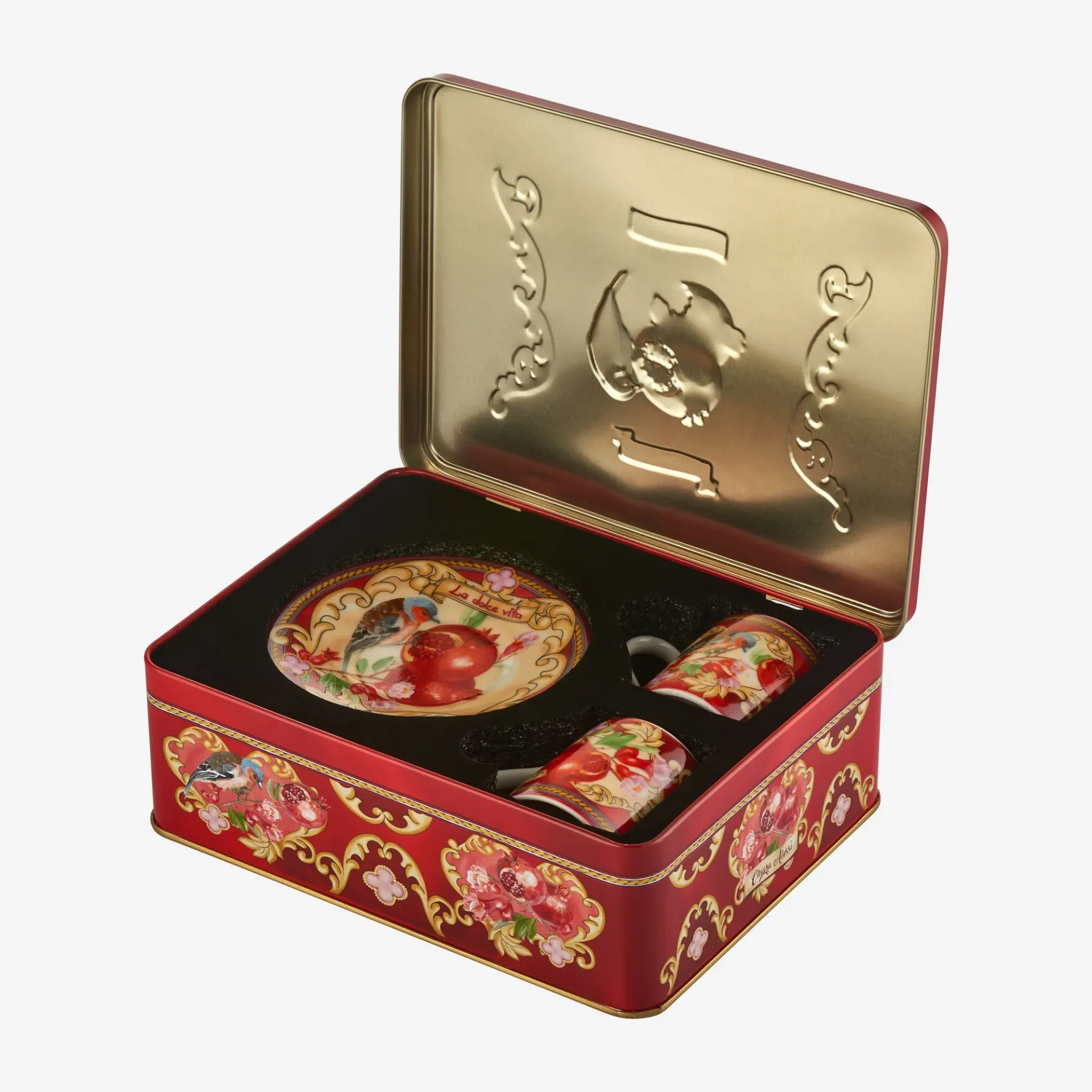 Chiara Alessi Capri Narlı Kırmızı Metal Kutulu kahve fincan seti