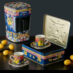 Chiara Alessi Capri Limonlu Mavi Metal kutulu Kahve fincan seti