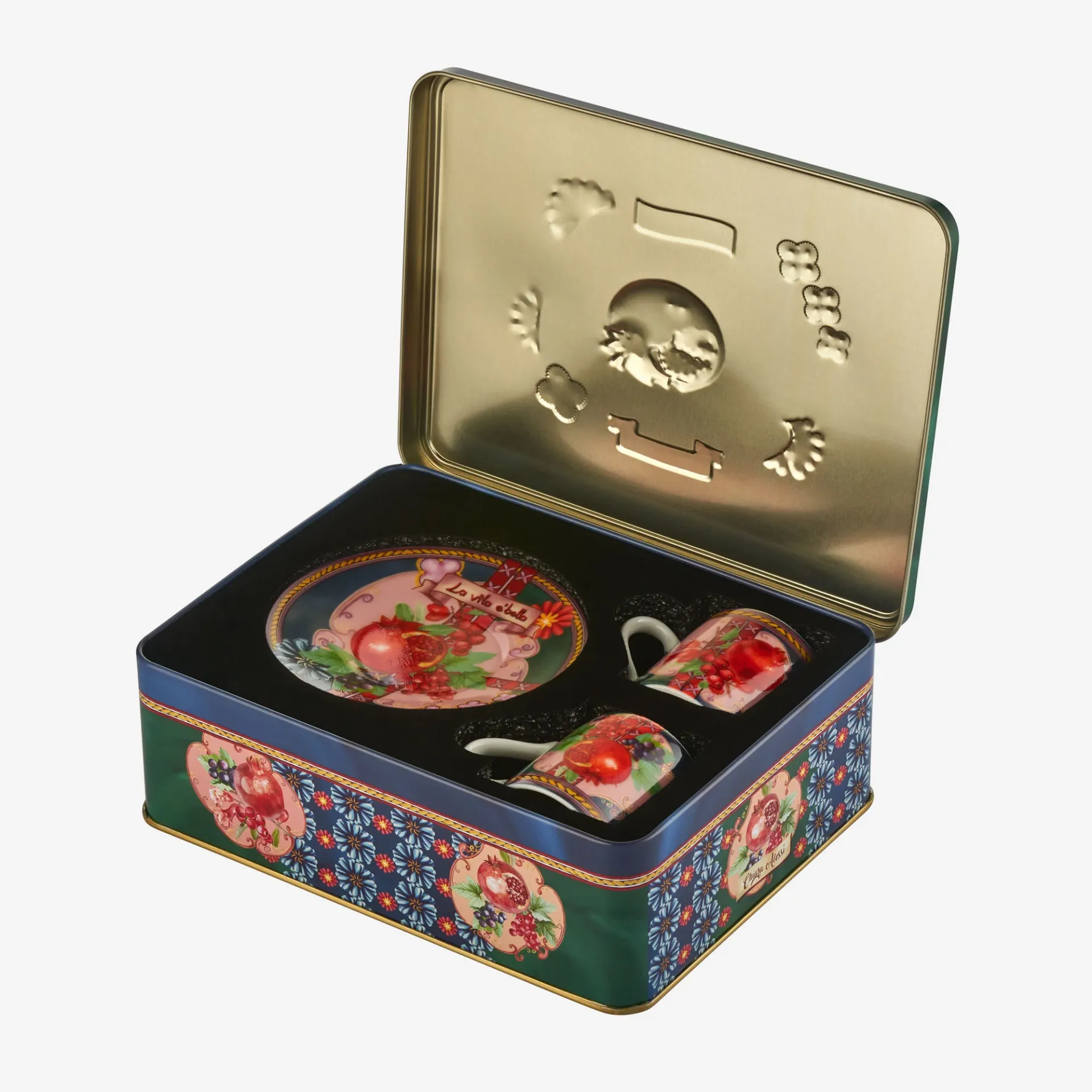 Chiara Alessi Capri Mavi Yeşil Metal kutulu Kahve fincan seti