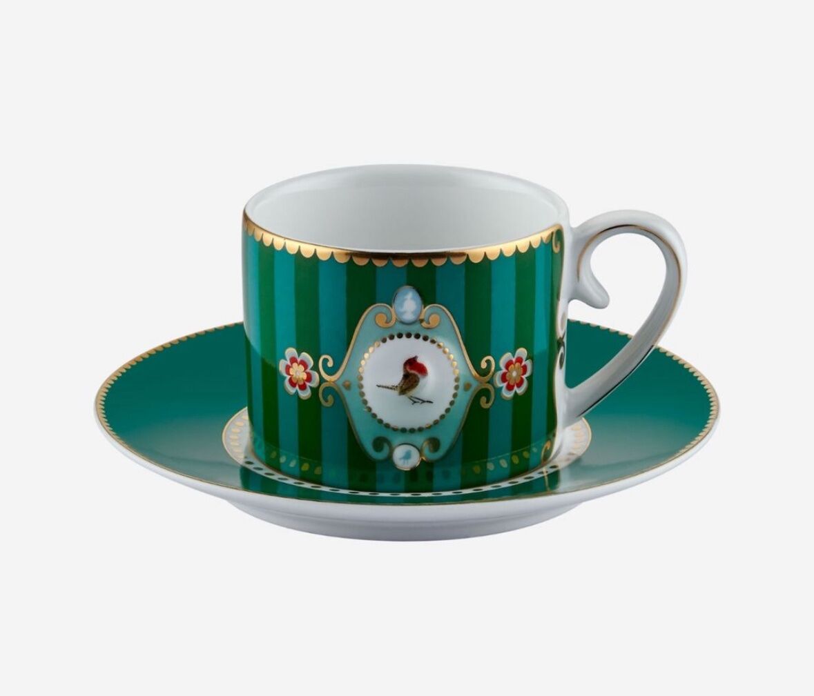 Love Birds Kuşlu Kahve Fincanı Yeşil Çizgili