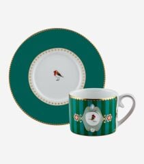 Love Birds Kuşlu Kahve Fincanı Yeşil Çizgili